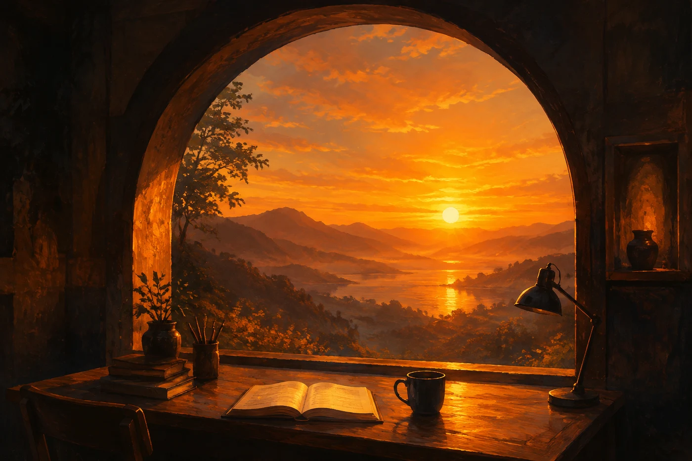 An orange sunrise beyond a tall window and a quiet reading desk