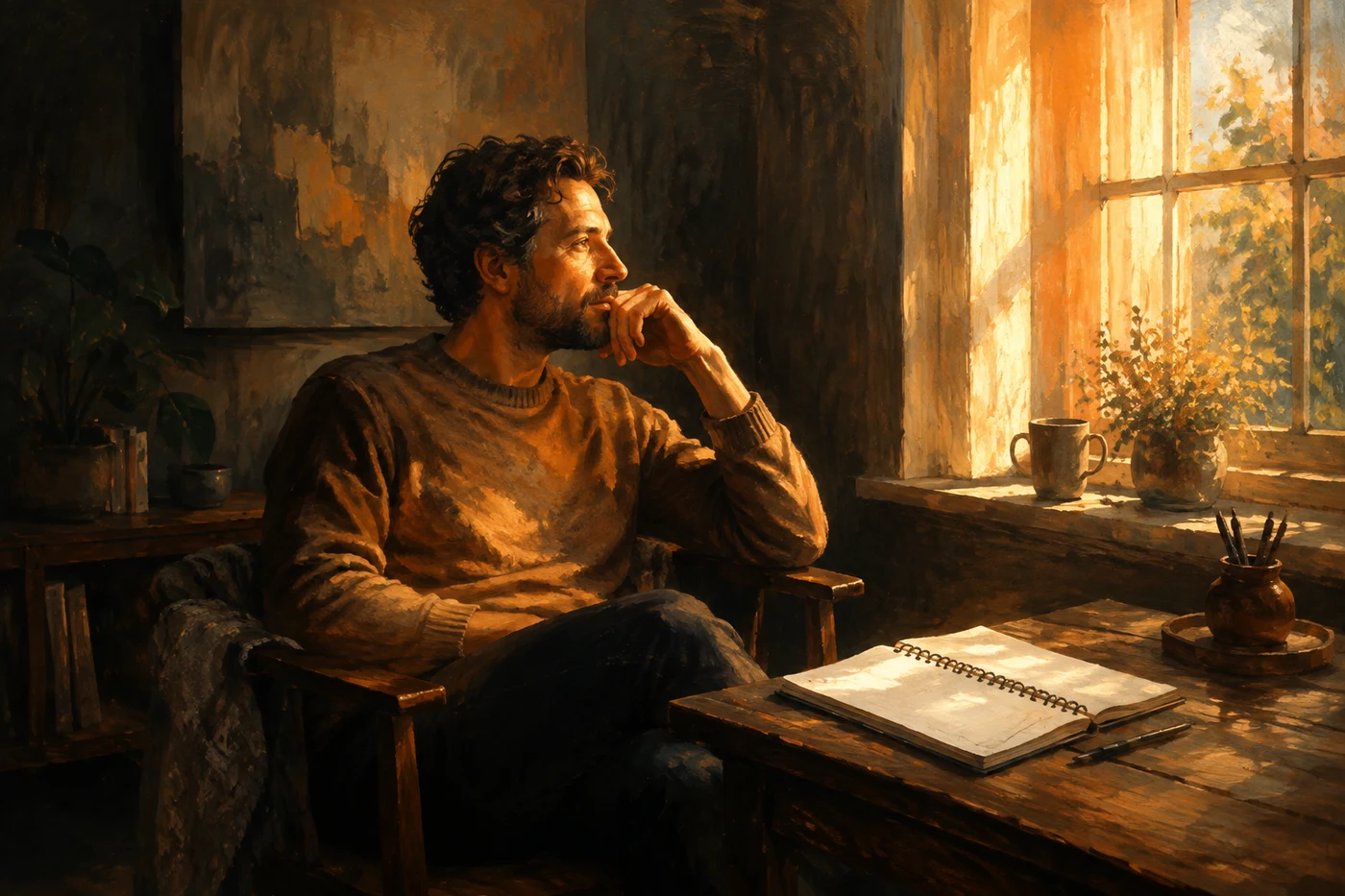A reader with an open notebook beside a bright window