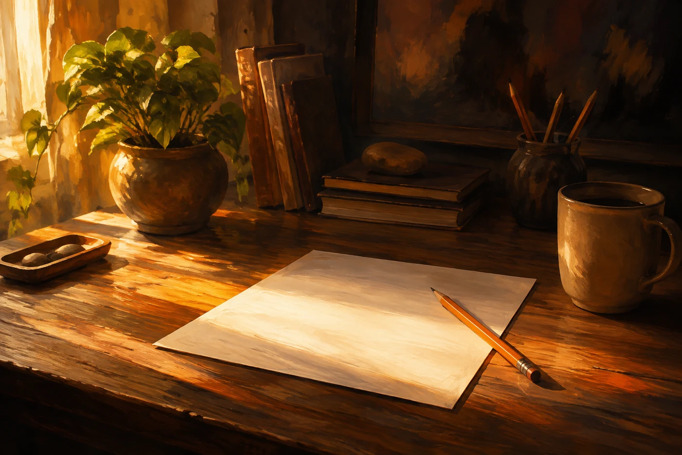 A writing desk with a blank page and an orange pencil