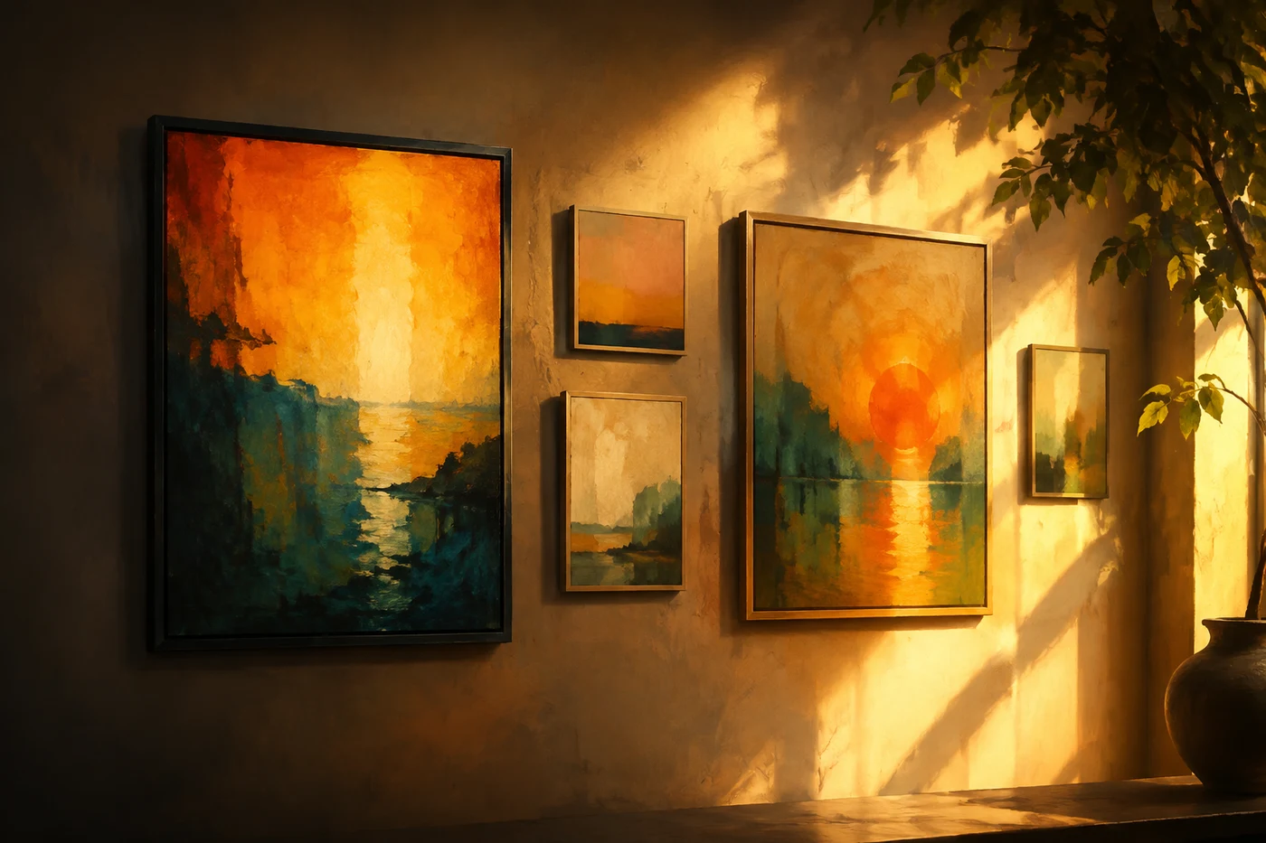 A luminous wall of small framed paintings