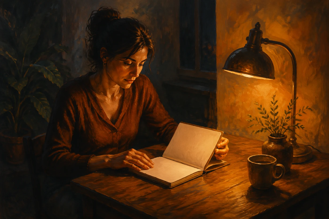 A journal revisited beneath a warm reading lamp