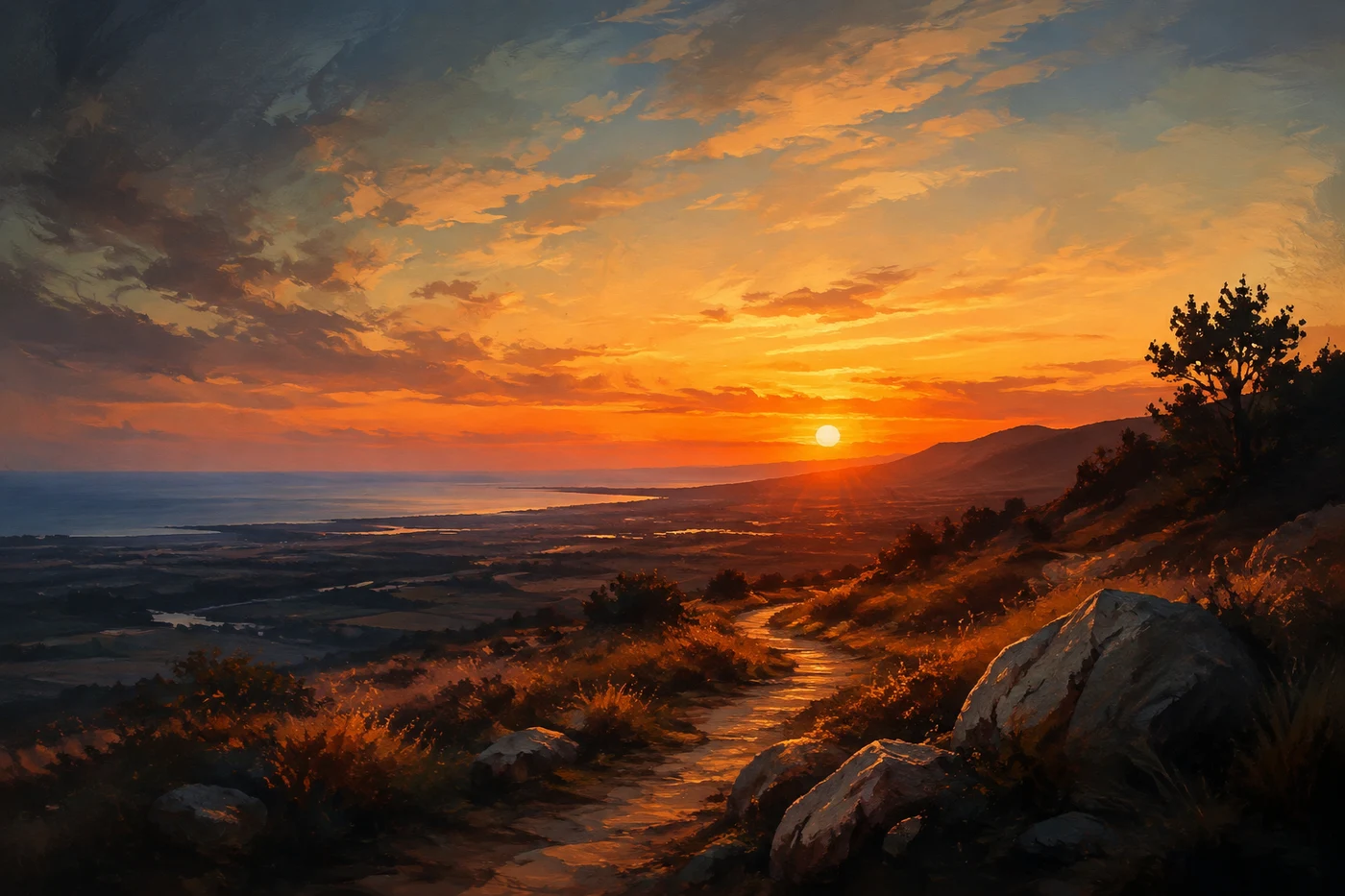 An open landscape beneath an orange evening sky